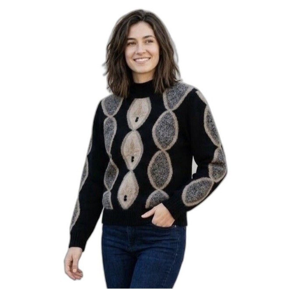 Vtg Jeanne Pierre sweater small black angora lambswool mock neck geometric NWOT